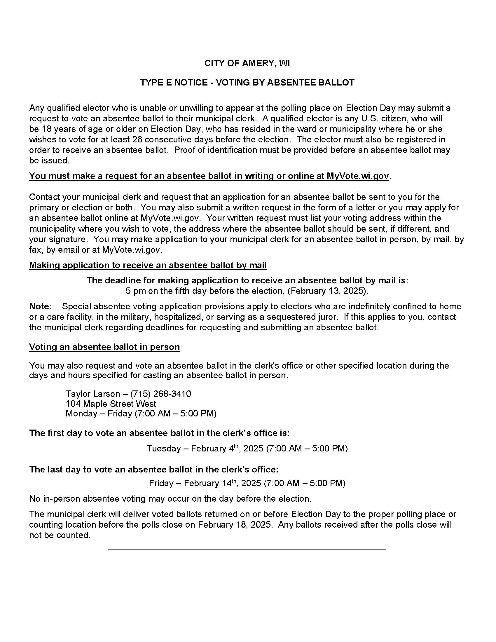 Feburary 18, 2025 In person absentee Type E Notice (Rev 2022-03)