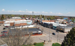 An aerial view of buildings in downtown Amery