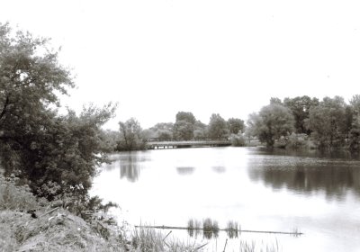 Black and white photo of a lake