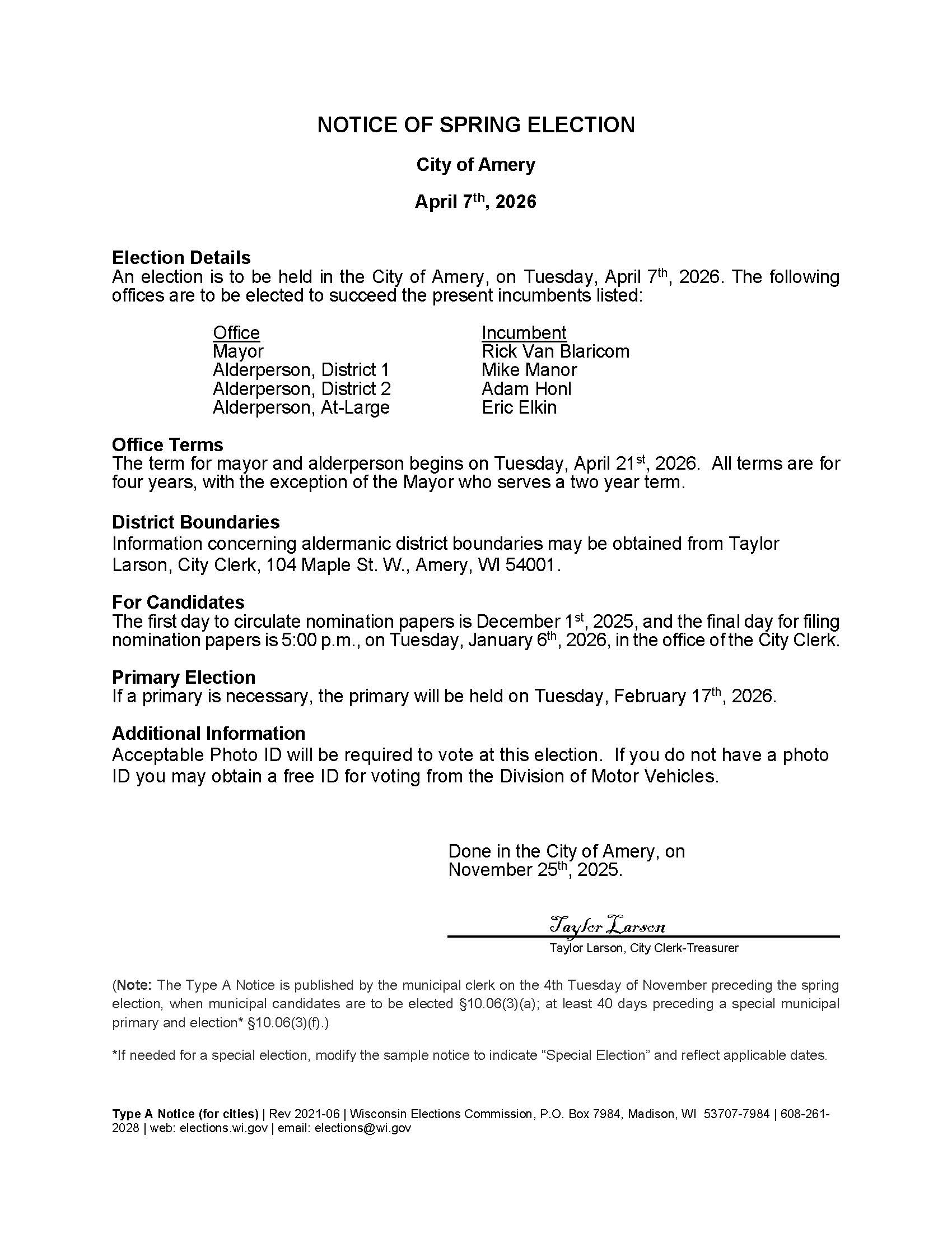 Type A Notice for Spring Primary and Election